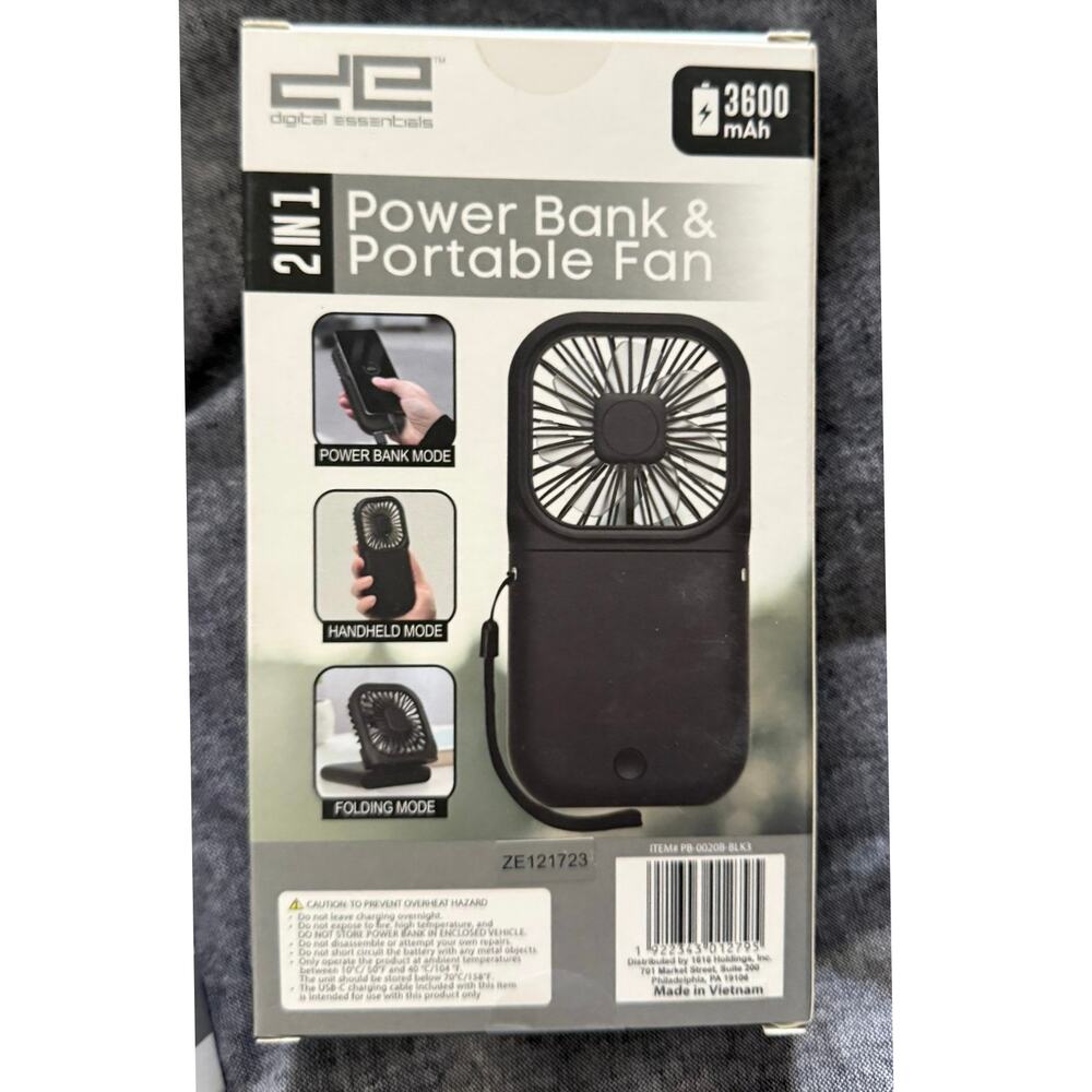 Digital Essentials 2-in-1 Power Bank & Fan | 3600mAh Rechargeable Cooling NEW
